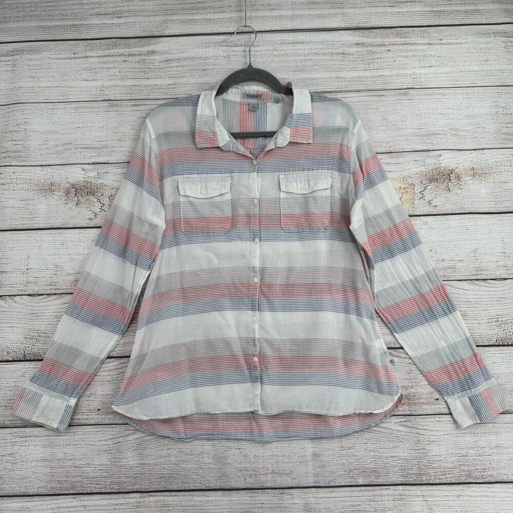 Toad & Co Organic Cotton Striped Button Down Shirt Womens Large White Red Blue